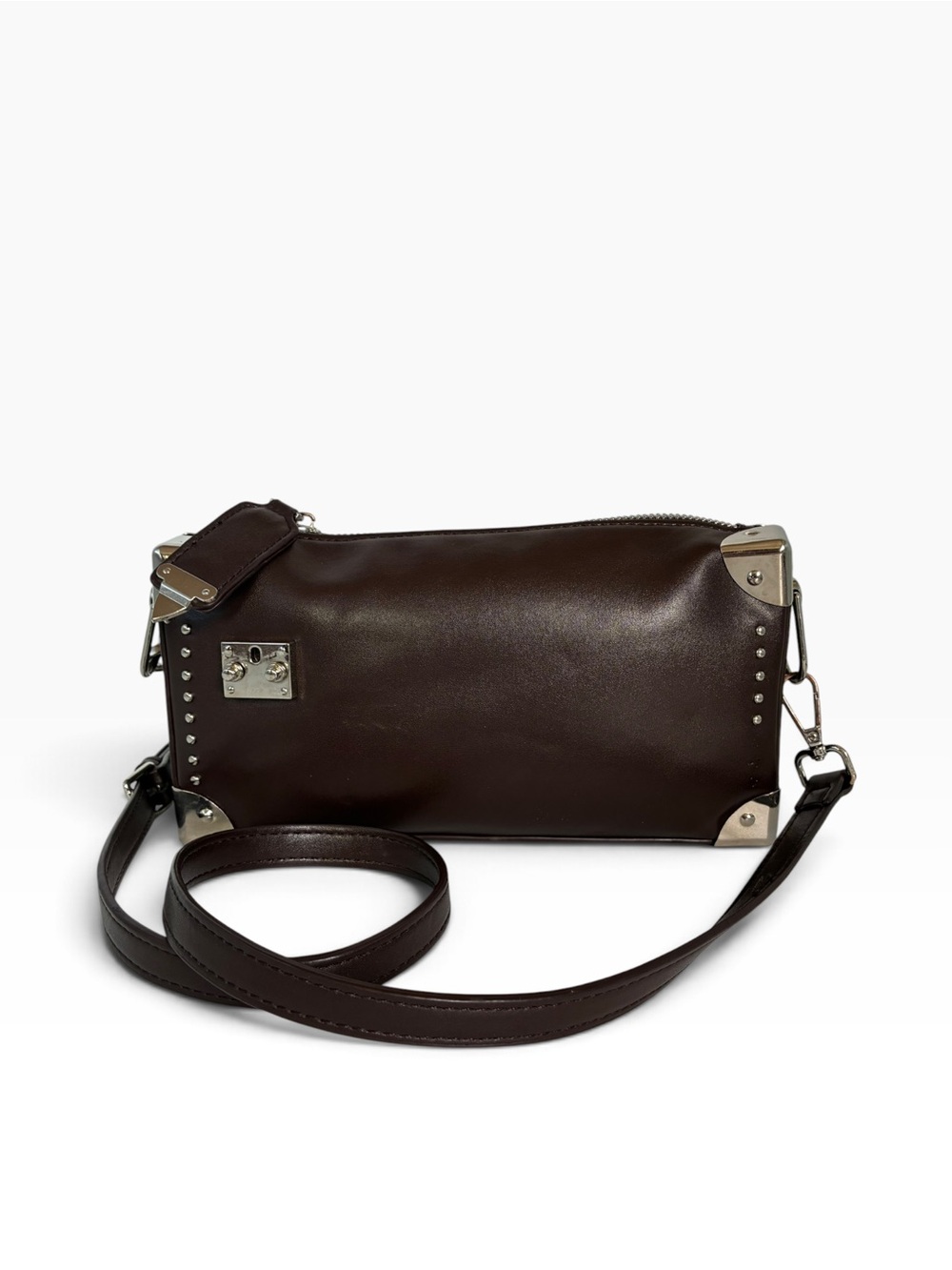 Dark Brown Leather Crossbody Bag with Silver Corner Accents